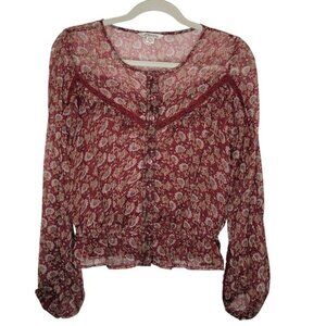 American Eagle‎ Top Women's Medium Floral Sheer Long Sleeve Burgundy Boho Classy
